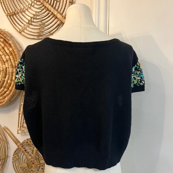 Vintage Beaded Floral Tie Front Bolero Cottagecore Balletcore Black Cardigan XL - Picture 5 of 6